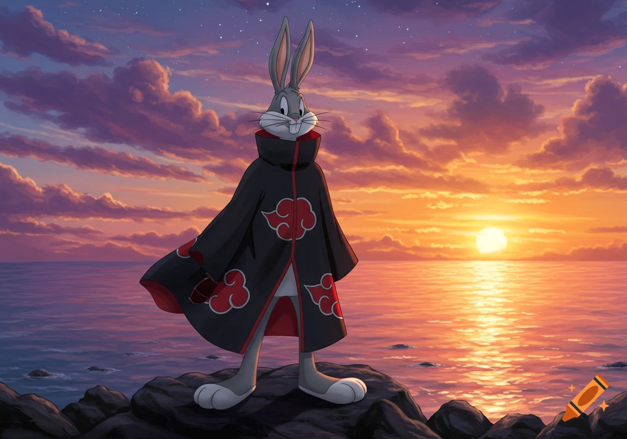 Bugs Bunny in an Akatsuki cloak stands on coastal rocks with a vibrant sunset over the ocean behind him.