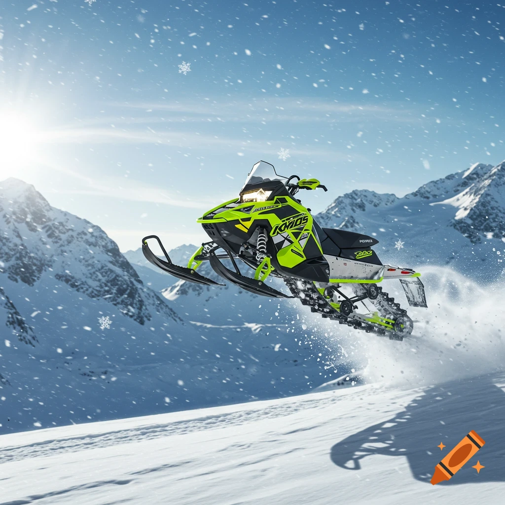 A vibrant green and black snowmobile jumps in a snowy mountain landscape with the sun shining and snowflakes falling.