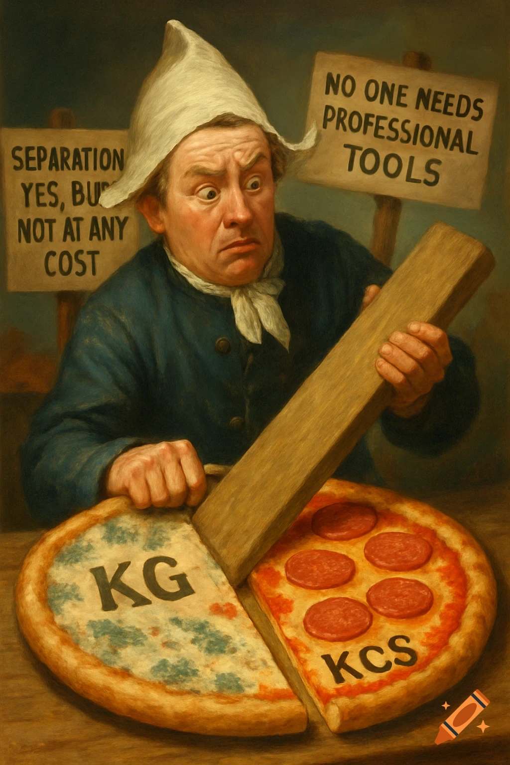 Classical painting of a man splitting a pizza labeled 'KG' and 'KCS' with a plank. Background signs mention 'separation' and 'professional tools'.