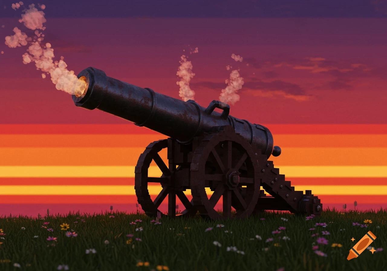A pixel semi-realistic rusty cannon fires in a grassy field against a vibrant banded sunset sky.