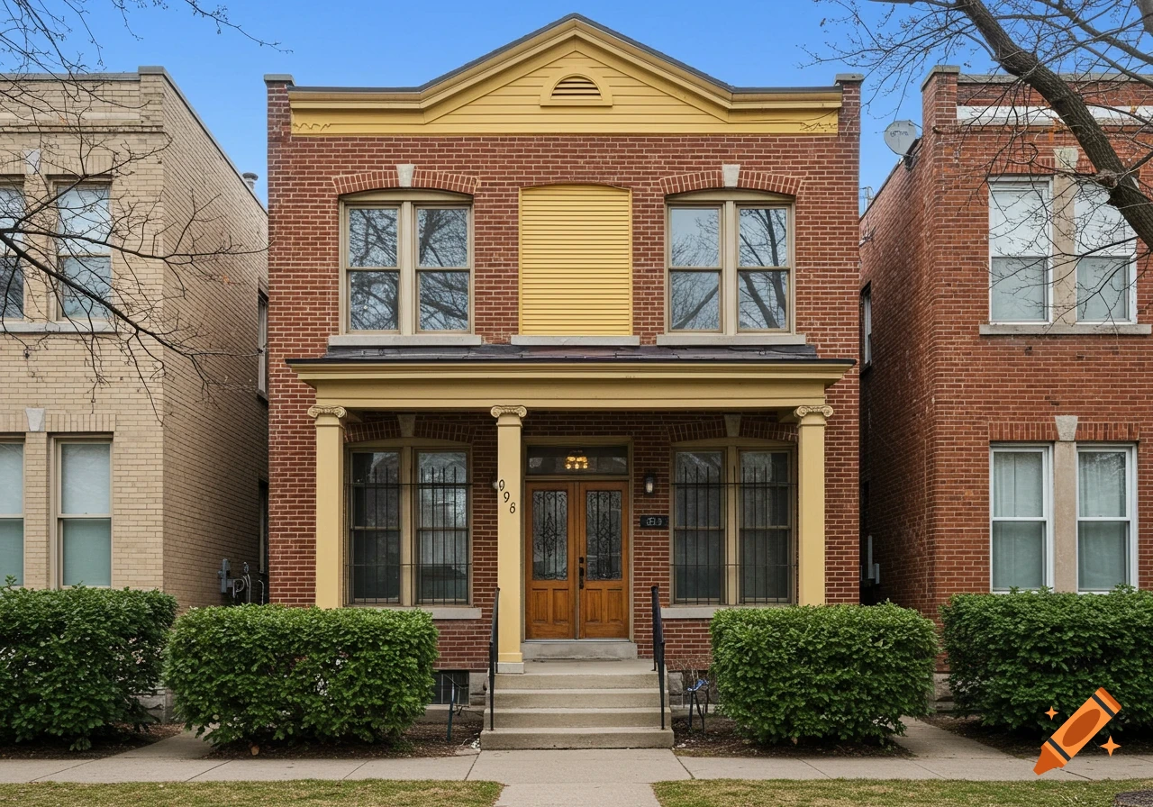 A two-story brick house with a yellow third floor and trim, flanked by other houses, with green bushes in the foreground. Photorealistic.