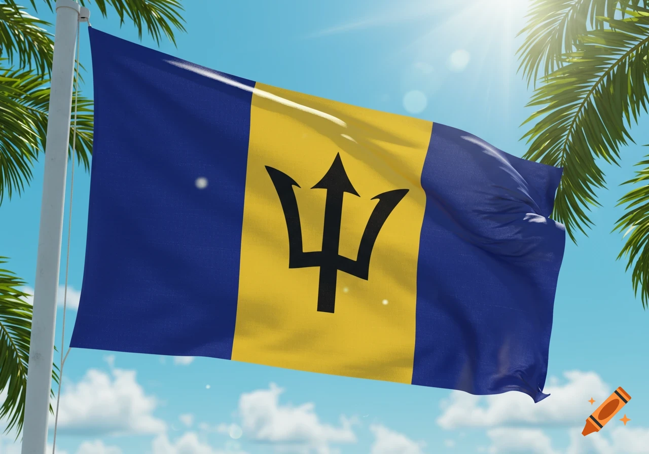 The national flag of Barbados, featuring a black trident on a yellow vertical strip between two blue vertical strips, waves against a clear blue sky with palm fronds and sunlight.