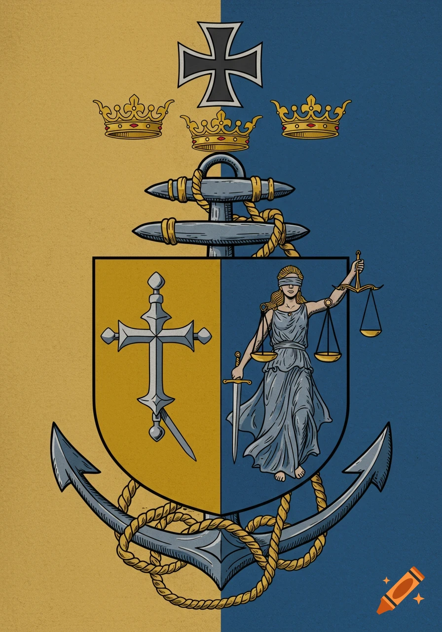An illustrated coat of arms featuring an anchor, three golden crowns, and an Iron Cross on a split gold and blue background. A shield within shows a cross and Lady Justice holding scales and a sword.