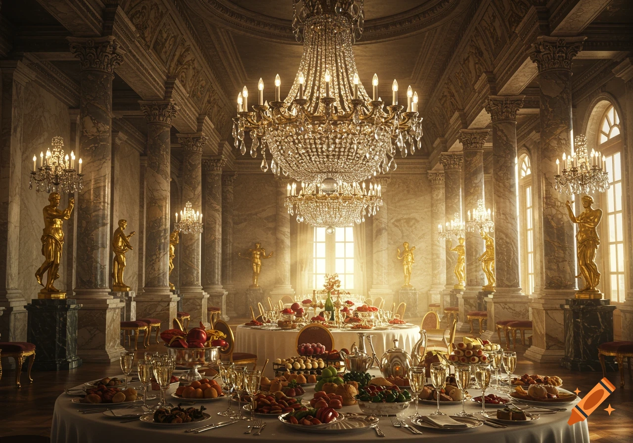 Opulent photorealistic ballroom with marble pillars, crystal chandeliers, golden statues, and tables laden with gourmet food.
