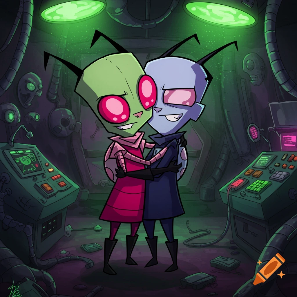 Invader Zim and Invader Tak, two cartoon aliens, hug in a dimly lit, green-glowing futuristic control room.