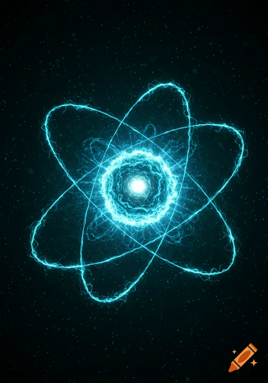 Bright cyan glowing atom with elliptical orbits and energy trails on a dark, particle-filled background.