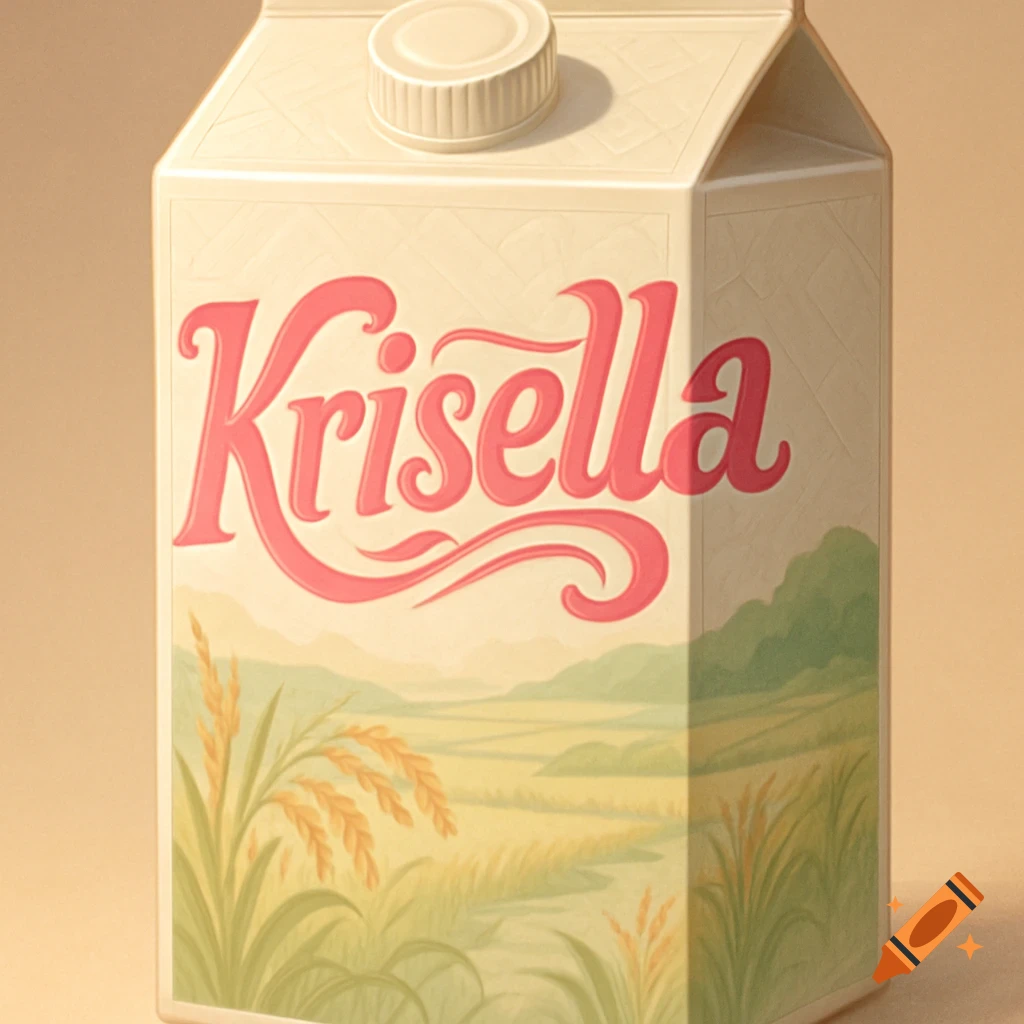 A beige carton of 'Krisella' rice milk with a pink stylized logo and an illustration of a green and yellow rice field.
