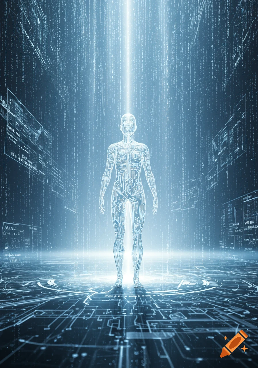 A glowing, circuit-patterned human figure stands in a futuristic digital environment with falling data streams and circuit board patterns.