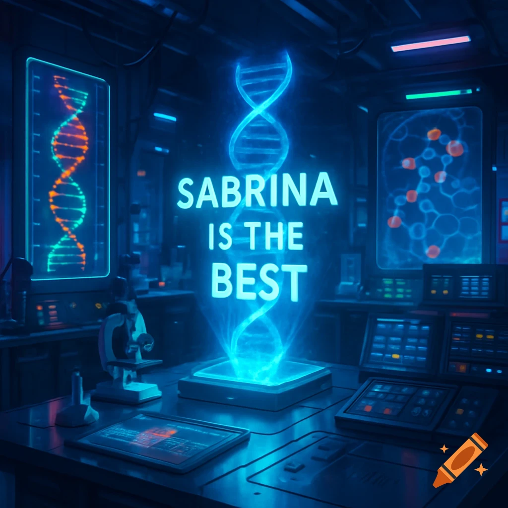 Futuristic blue-lit laboratory with a holographic DNA helix and glowing text 'SABRINA IS THE BEST' over lab equipment.