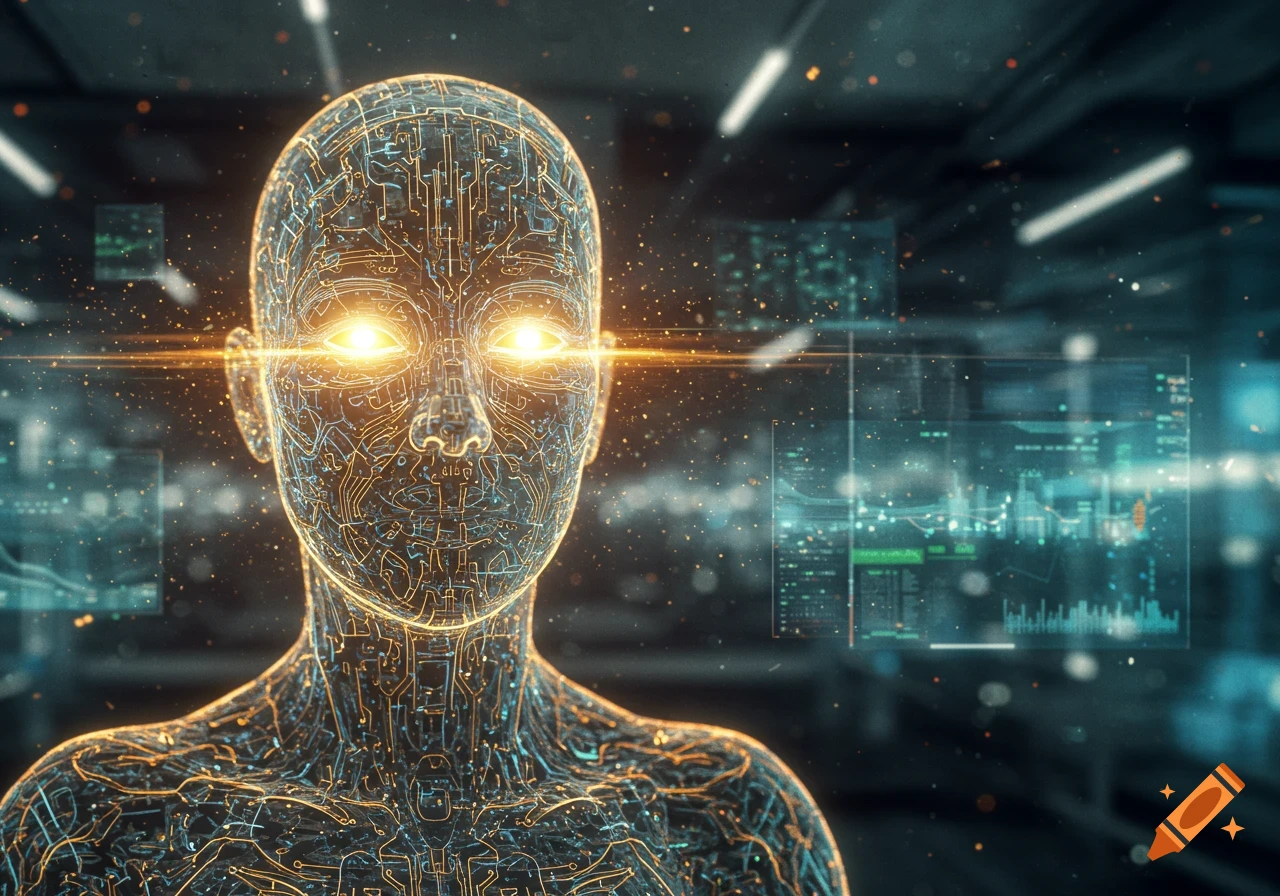 Close-up of a glowing, futuristic human-like figure made of circuit patterns, with bright eyes and holographic data displays.