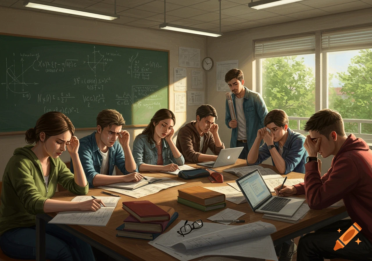 An illustration of multiple distressed students crying while studying at a large table in a classroom with a blackboard full of equations.