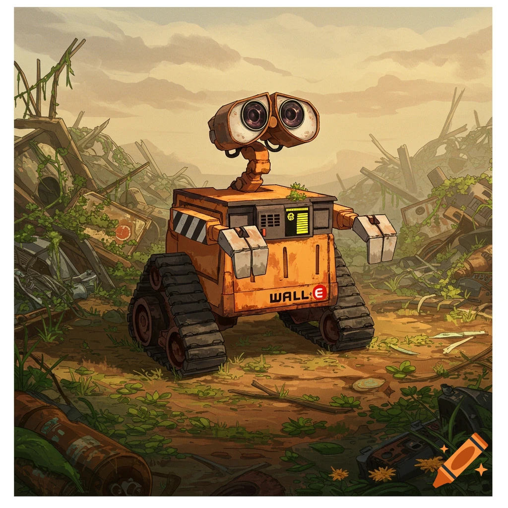Illustrated WALL-E robot stands in a trash-filled, overgrown junkyard under an overcast sky.
