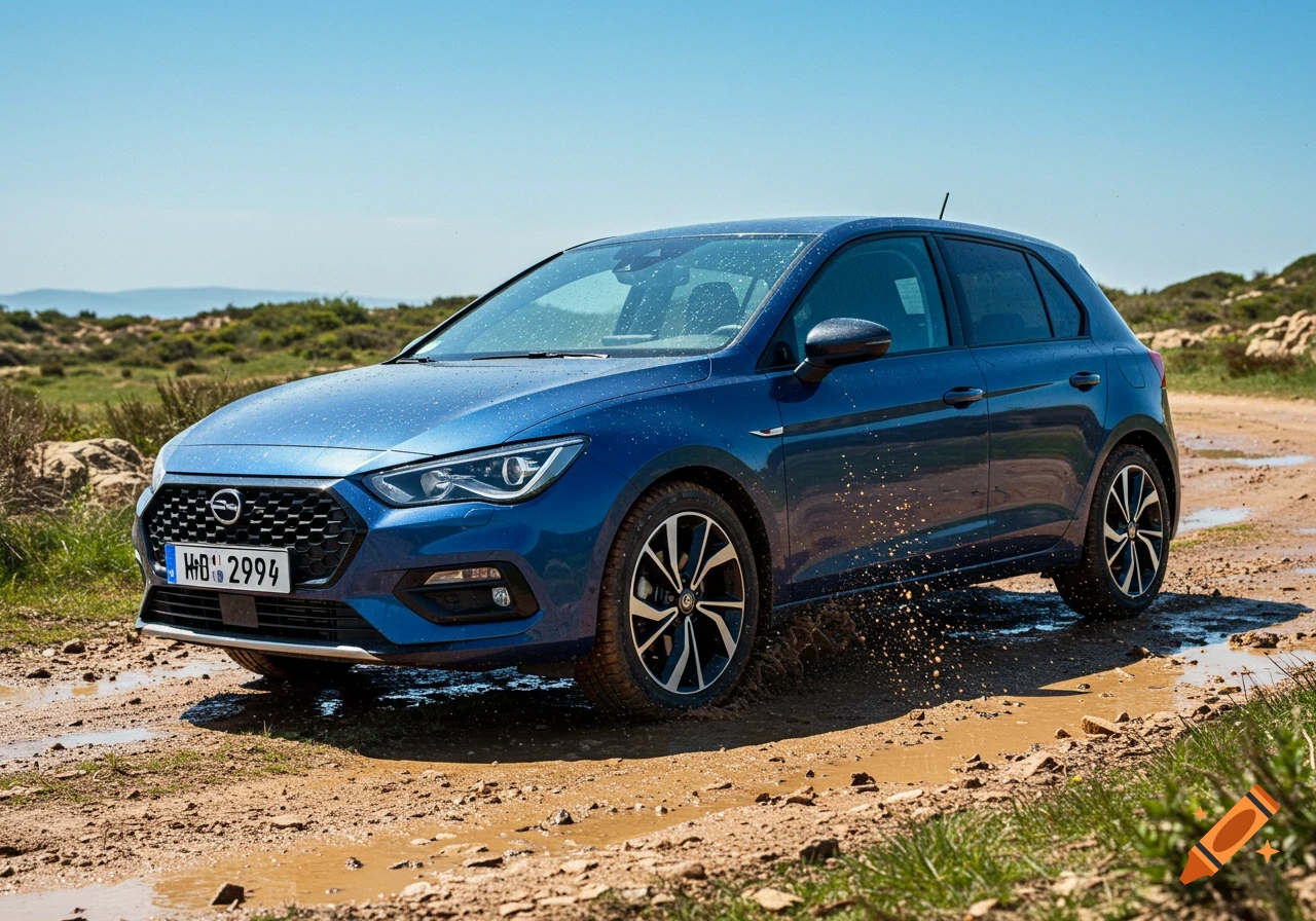 A blue hatchback drives through a muddy dirt road, splashing water and mud. Hills and a clear sky are in the background.