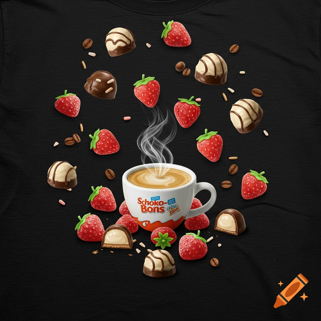 Steaming coffee in a cup surrounded by Schoko-Bons chocolates, fresh strawberries, coffee beans, and sprinkles on a dark background.