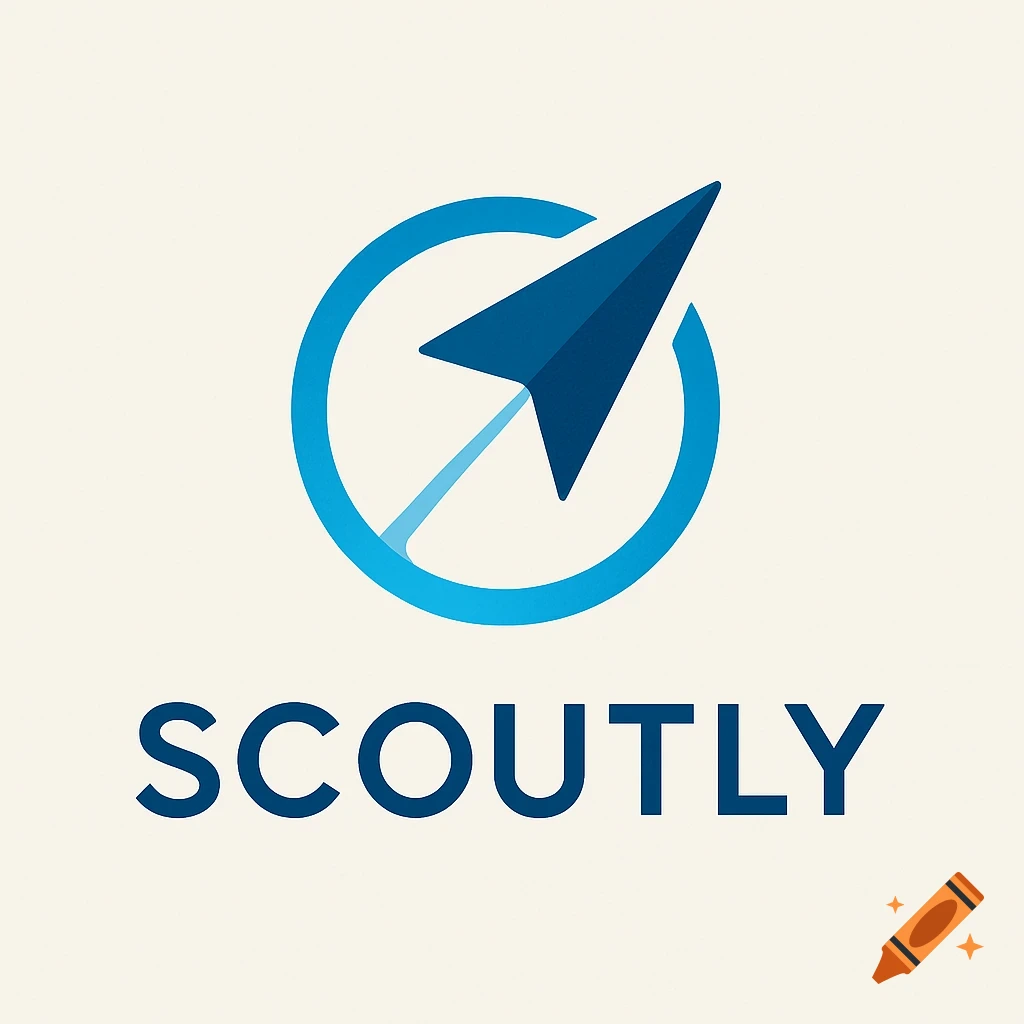 A blue paper airplane icon inside an incomplete blue circle, with the word "SCOUTLY" below it on a light cream background.