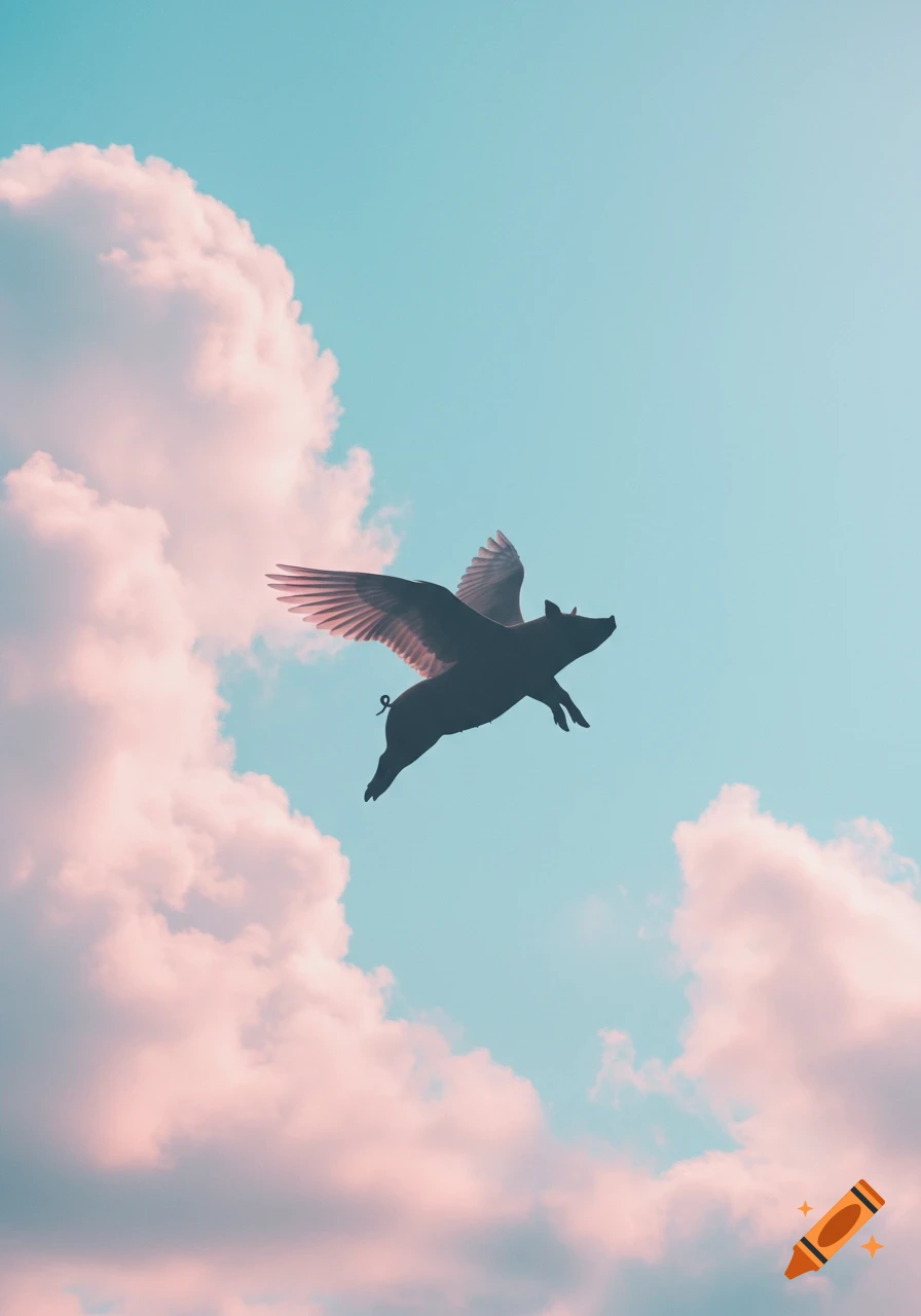 Silhouette of a pig with majestic wings flying in a blue sky with pink clouds.