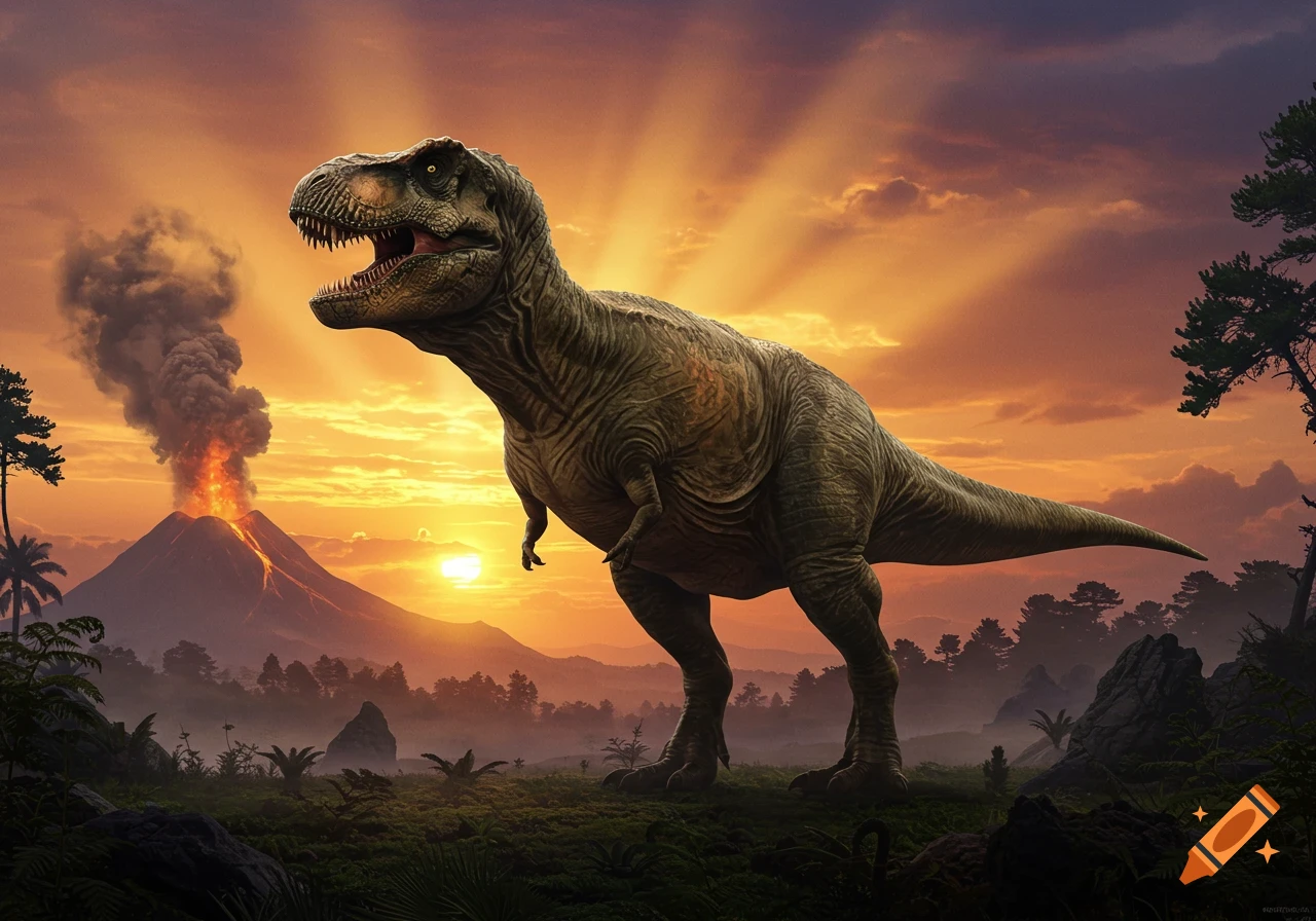 A photorealistic Tyrannosaurus Rex roars in a prehistoric jungle with an erupting volcano and a dramatic sunset.