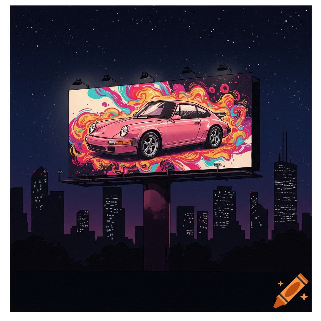 A vibrant, illustrated graphic of a pink Porsche 911 on a billboard, set against a dark, starry night city skyline.