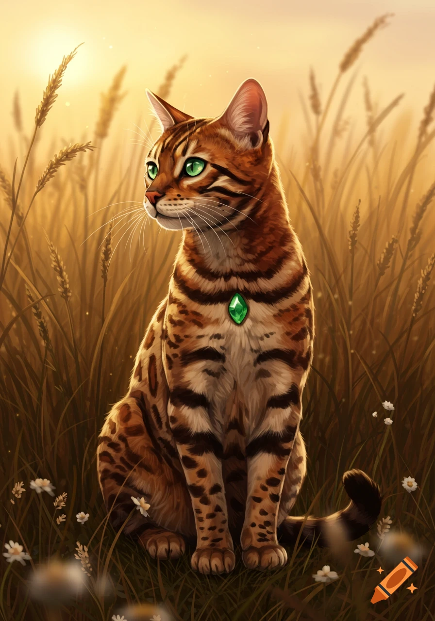 A detailed Bengal cat with bright green eyes and a green gem on its chest sits in a golden wheat field at sunset.