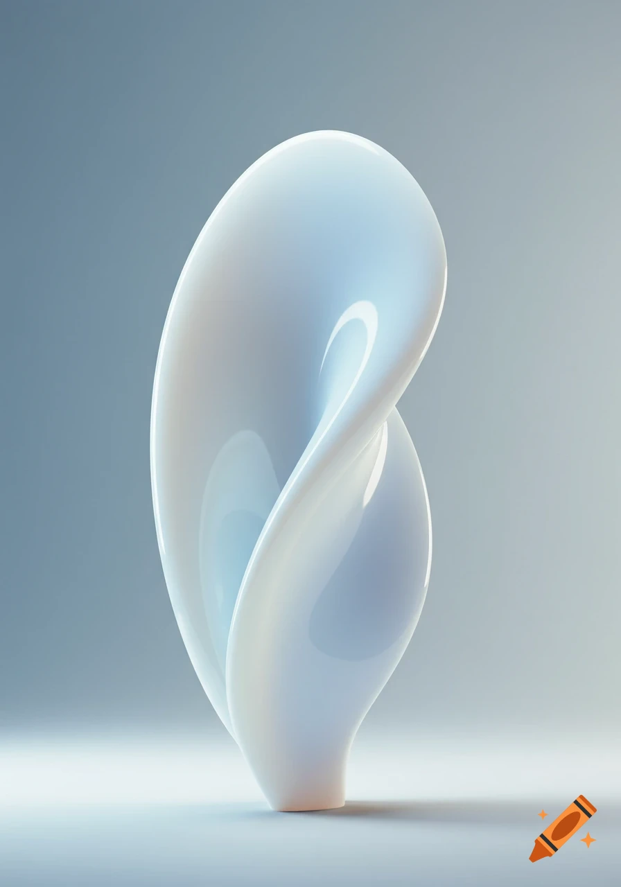 A smooth, glossy white, curvilinear abstract sculpture stands against a soft blue-grey background.