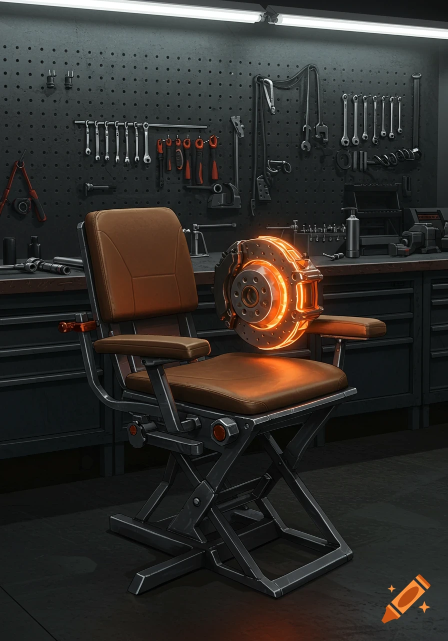 A brown-cushioned workshop chair with a glowing orange brake caliper on its armrest, in a garage with tools.