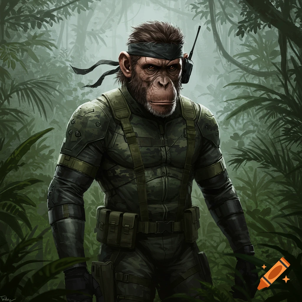 A chimpanzee dressed in military camouflage, resembling Solid Snake, standing in a jungle. Digital illustration.