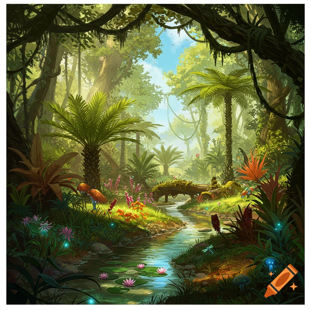 A vibrant, lush jungle landscape with a winding river, palm trees, colorful plants, and glowing flora under a bright sky.