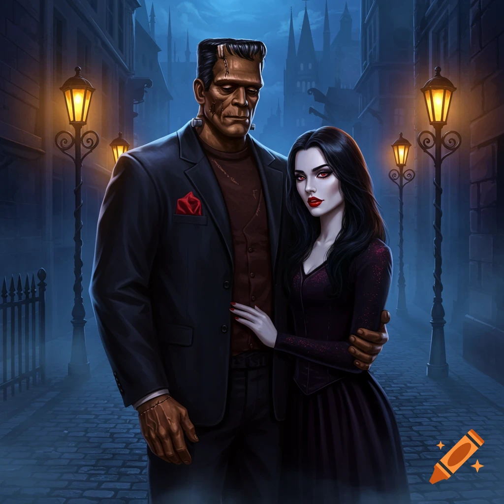 Frankenstein's monster and a vampire woman embrace on a dark, gaslit street in a gothic city, digital art.