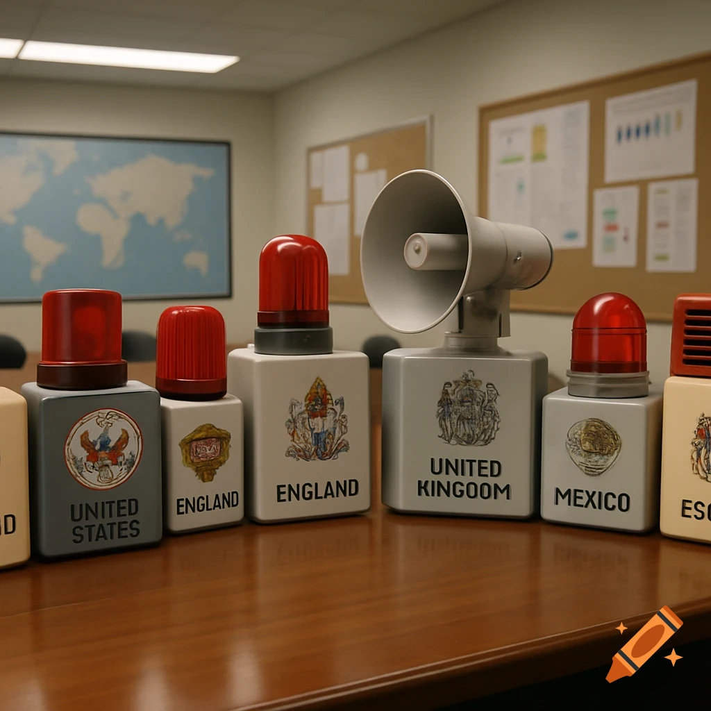 A line of square emergency alert system alarms, each with a red light and a country's emblem and name, on a wooden conference table.