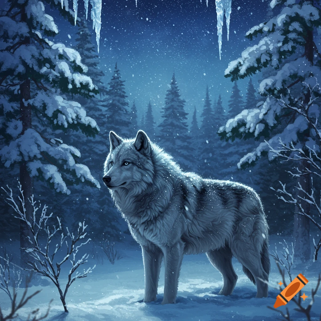 A majestic grey wolf stands in a snowy forest at night, with icicles hanging from trees and snow falling.