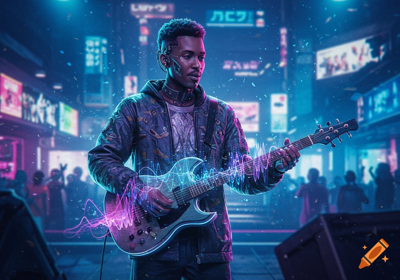 A man with cybernetic implants plays an electric guitar with glowing strings on a neon-lit cyberpunk city street, surrounded by bokeh lights.