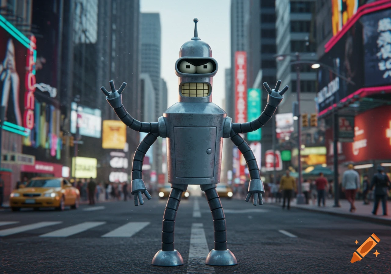 Bender, the robot from Futurama, stands in the middle of a busy city street with bright neon signs.