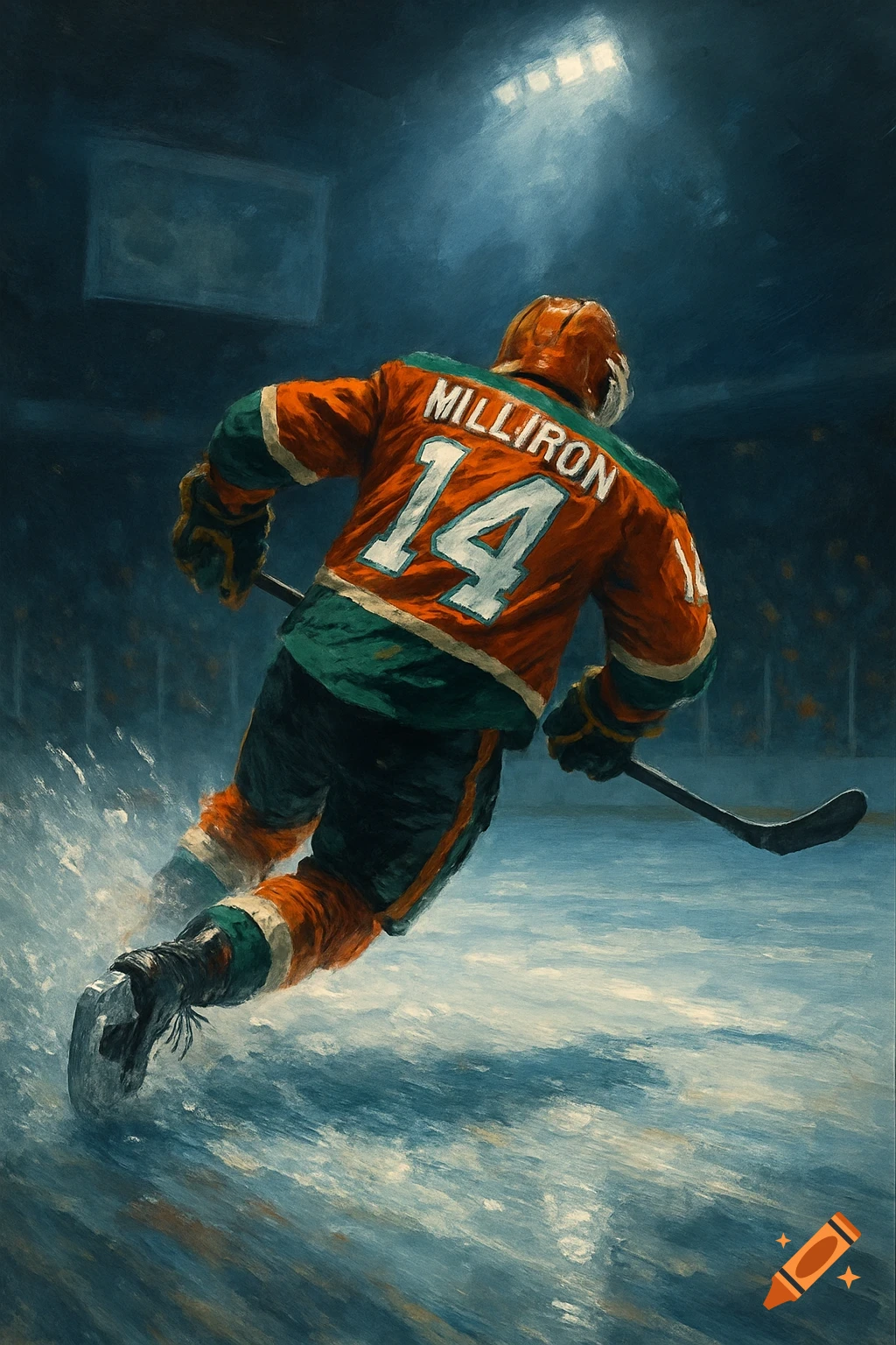 Painterly view of a hockey player from behind in an orange and green jersey with 'MILLIRON 14' on the back, skating on ice.