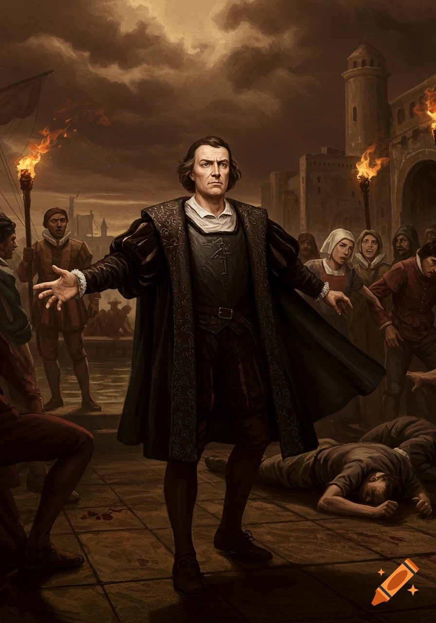 A dark, dramatic illustration of Christopher Columbus addressing a distressed crowd in a burning city street, with bodies on the ground.