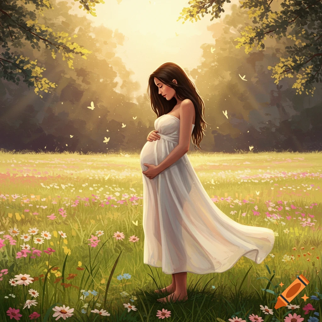 A pregnant woman in a white dress gently holding her belly in a sunlit field of colorful wildflowers with trees and butterflies.
