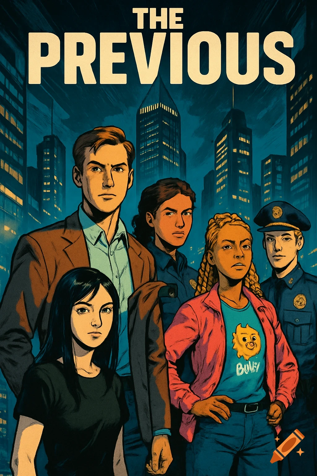 Comic book poster titled 'THE PREVIOUS' featuring five diverse characters and two police officers against a dark urban skyline.