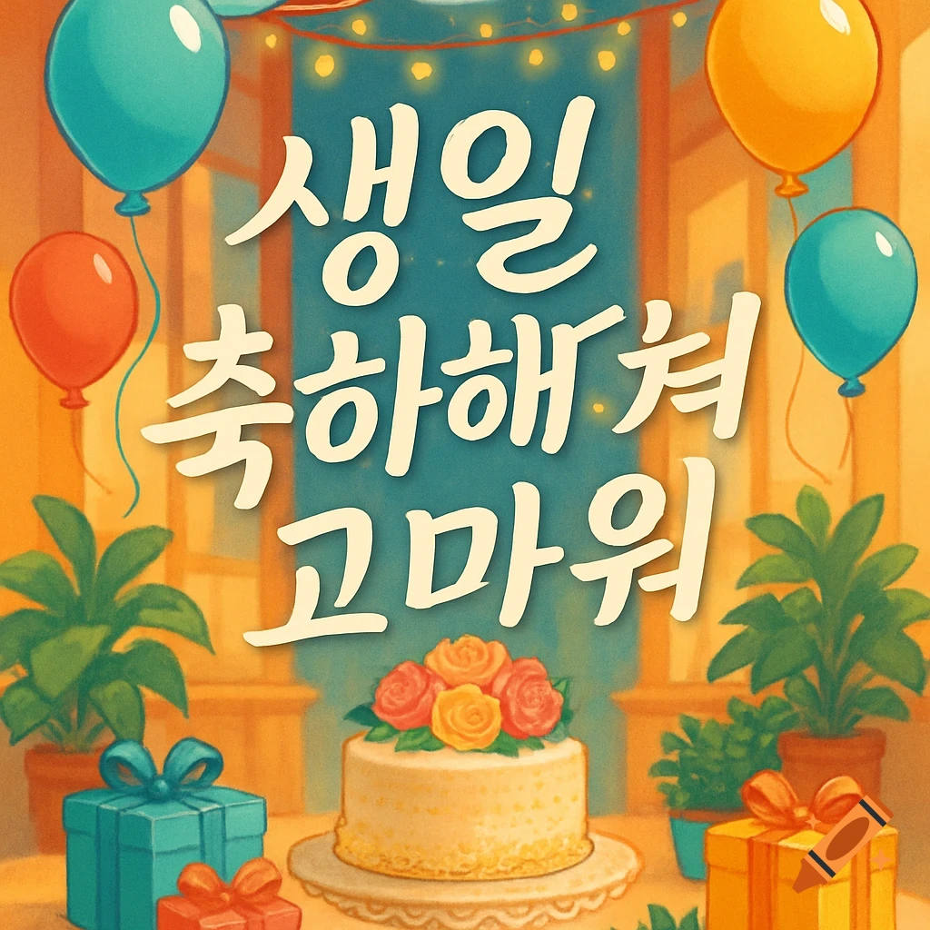 A stylized birthday greeting card with the Korean text 'Thank you for wishing me a happy birthday' in white. Balloons, presents, a cake with roses, and potted plants decorate the scene.