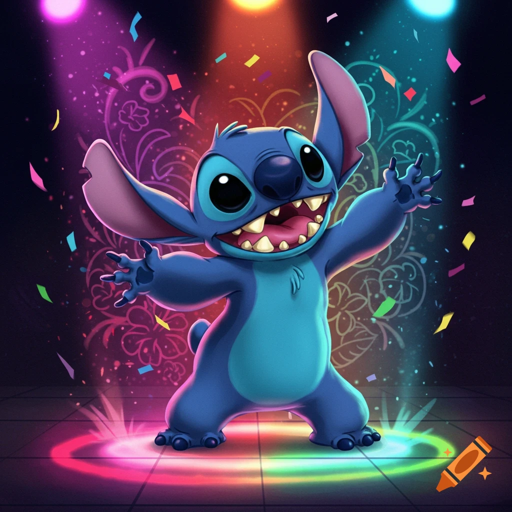 Stitch, a blue alien cartoon character, happily dances amidst colorful confetti and vibrant spotlights.