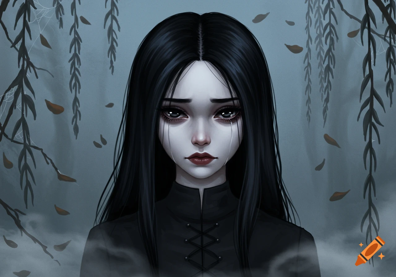 Stylized digital art portrait of a sad girl with long black hair, large black eyes, pale skin, and dark clothing, crying amidst a misty, willow-filled background with falling leaves.