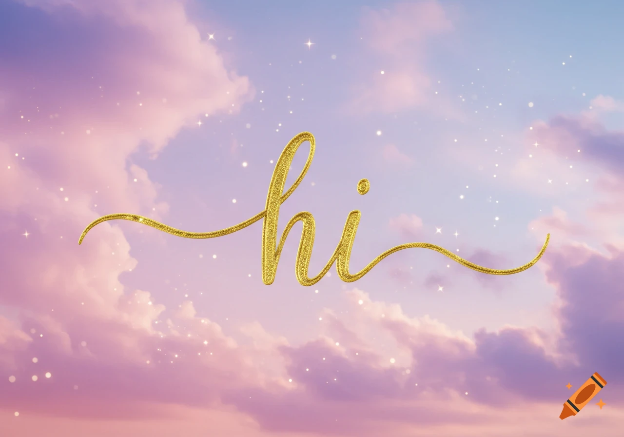 The word 'hi' in glittery gold cursive script against a pastel pink and blue sky with clouds and sparkles.