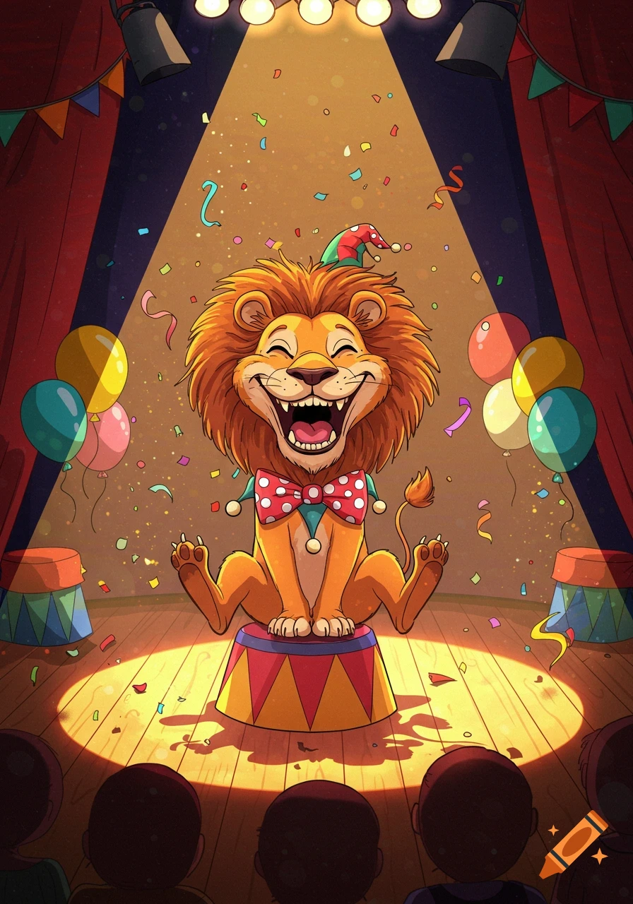 A laughing cartoon lion in a jester hat and bow tie performs on a circus stage under a spotlight with falling confetti.
