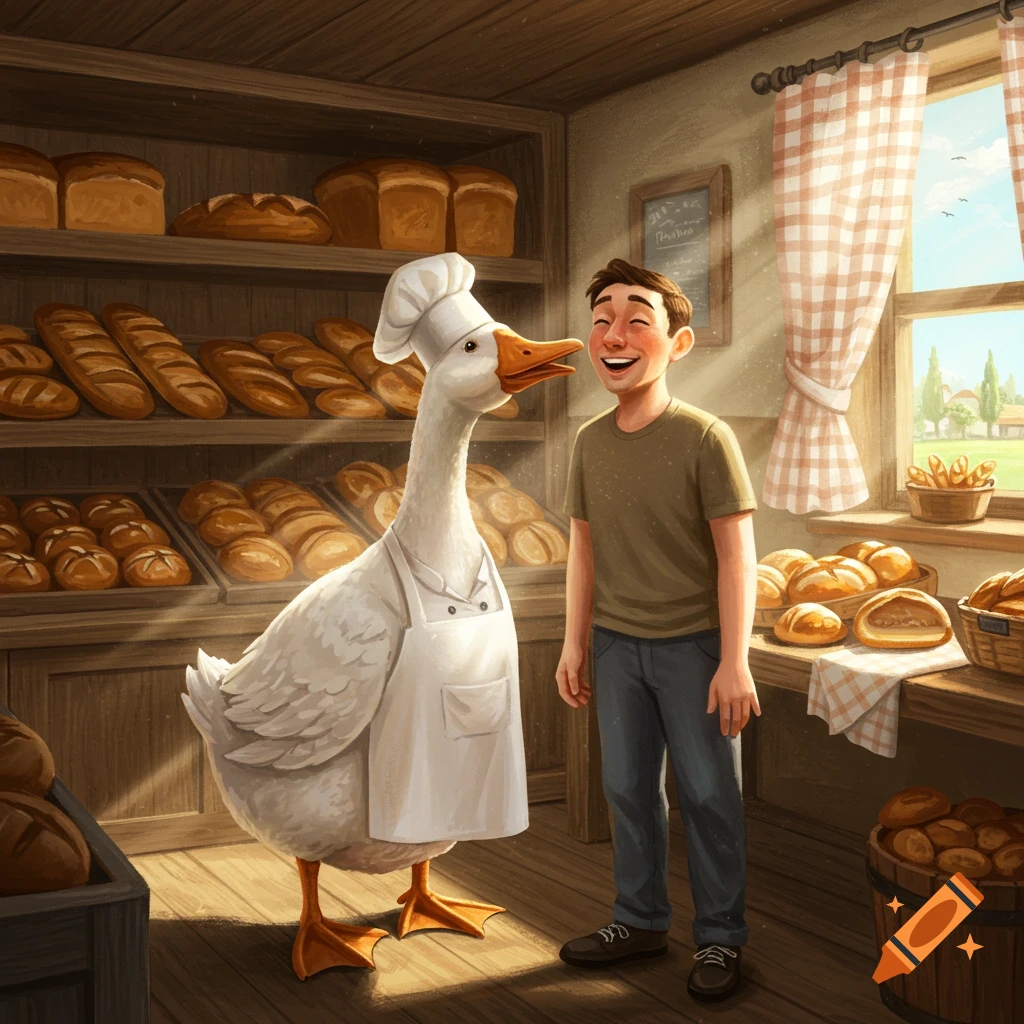 A whimsical illustration of a white goose in a baker's hat and apron standing next to a smiling man in a rustic bakery filled with bread.