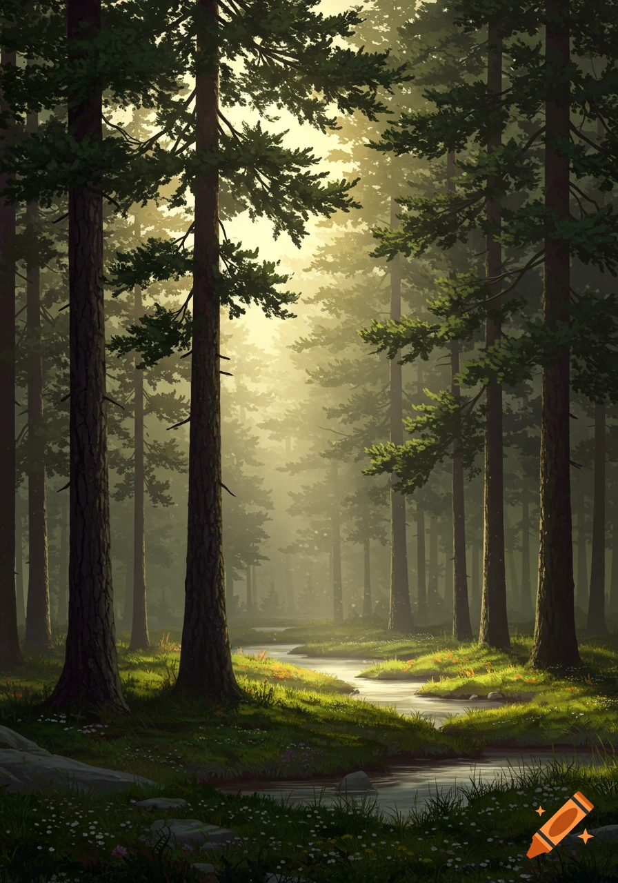 Sunlit forest with tall pine trees and a winding stream, dappled light on green grass.