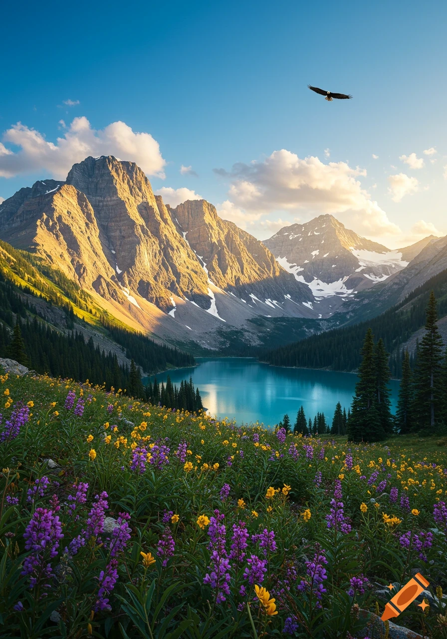 Photorealistic mountain landscape with a turquoise lake, purple and yellow wildflowers, and an eagle flying under a blue sky.