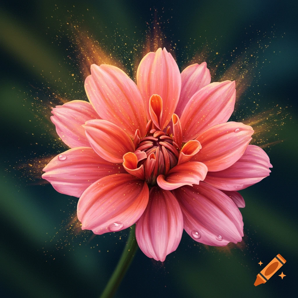 A vibrant pink dahlia flower with water droplets and golden sparkling light, centered against a dark, blurred background.