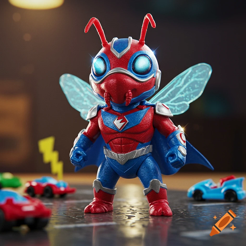 A red and blue superhero toy figure with glowing eyes, antennae, and clear wings, standing on a reflective surface with blurred toy cars.