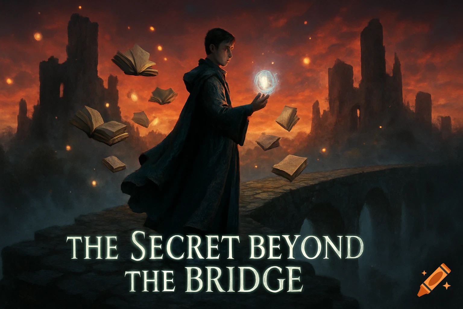 A young scholar in a dark robe stands on an ancient bridge, holding a glowing orb with floating books and crumbling towers against a red sunset. Text reads 'The Secret Beyond the Bridge'. Fantasy art.