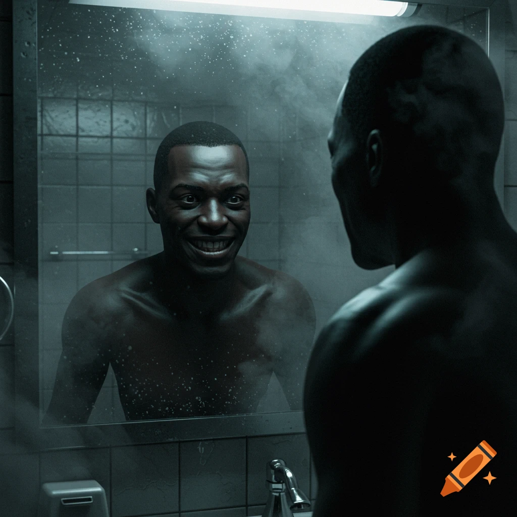 A man with a sinister smile looks at his reflection in a steamy bathroom mirror.