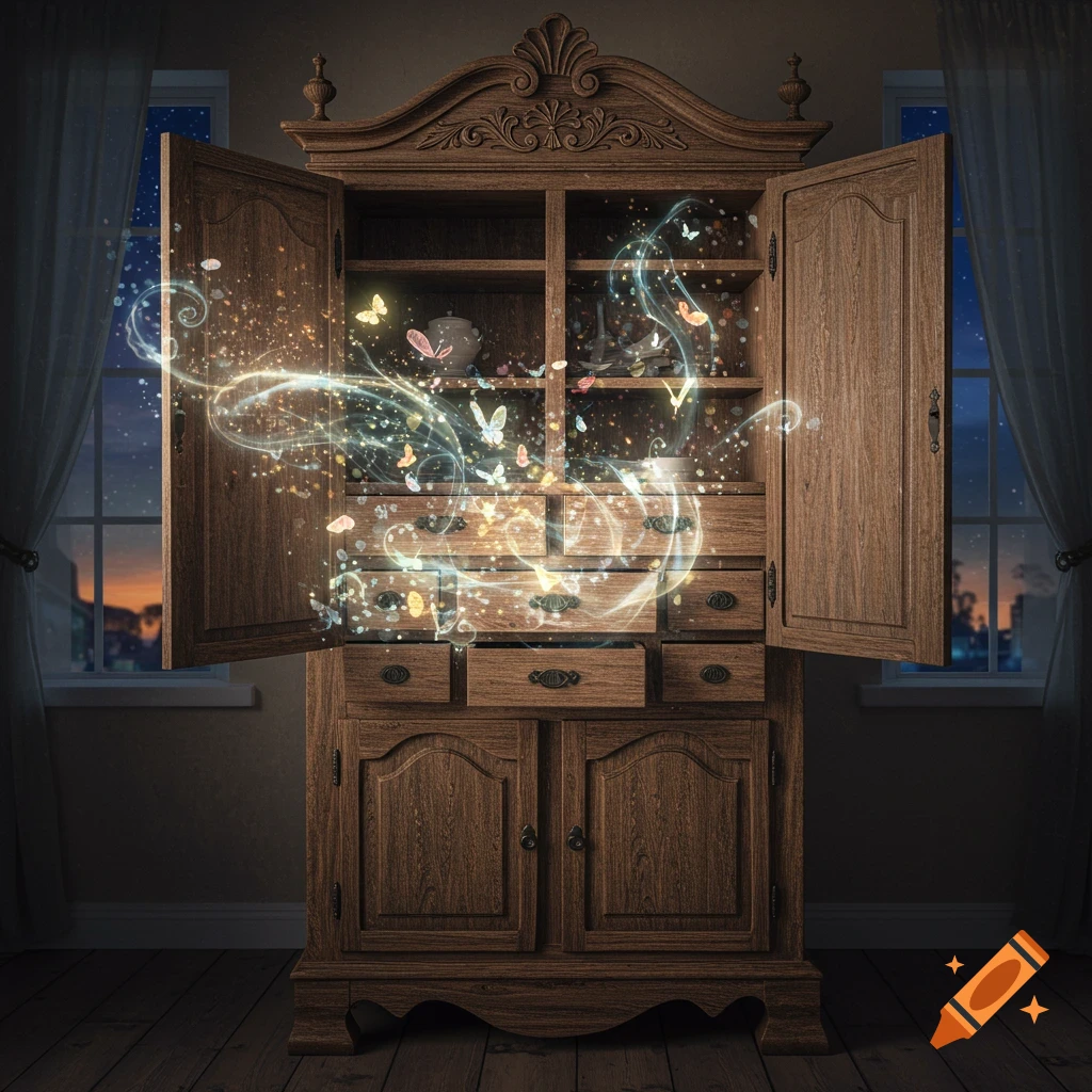 An old ornate wooden cabinet stands open, emitting glowing magical light, sparkling dust, and colorful butterflies into a dimly lit room with windows.
