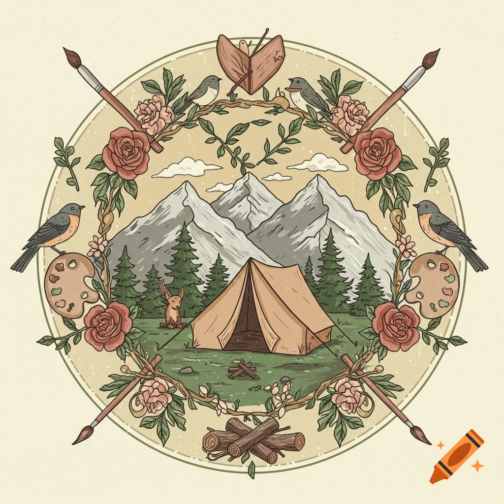 A circular nature illustration featuring a tent, mountains, trees, a deer, birds, roses, paint brushes, and palettes.
